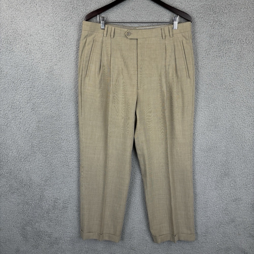 St Croix‎ Dress Pants Men 35x29 Beige Pleated Trousers Linen Wool Blend Italy